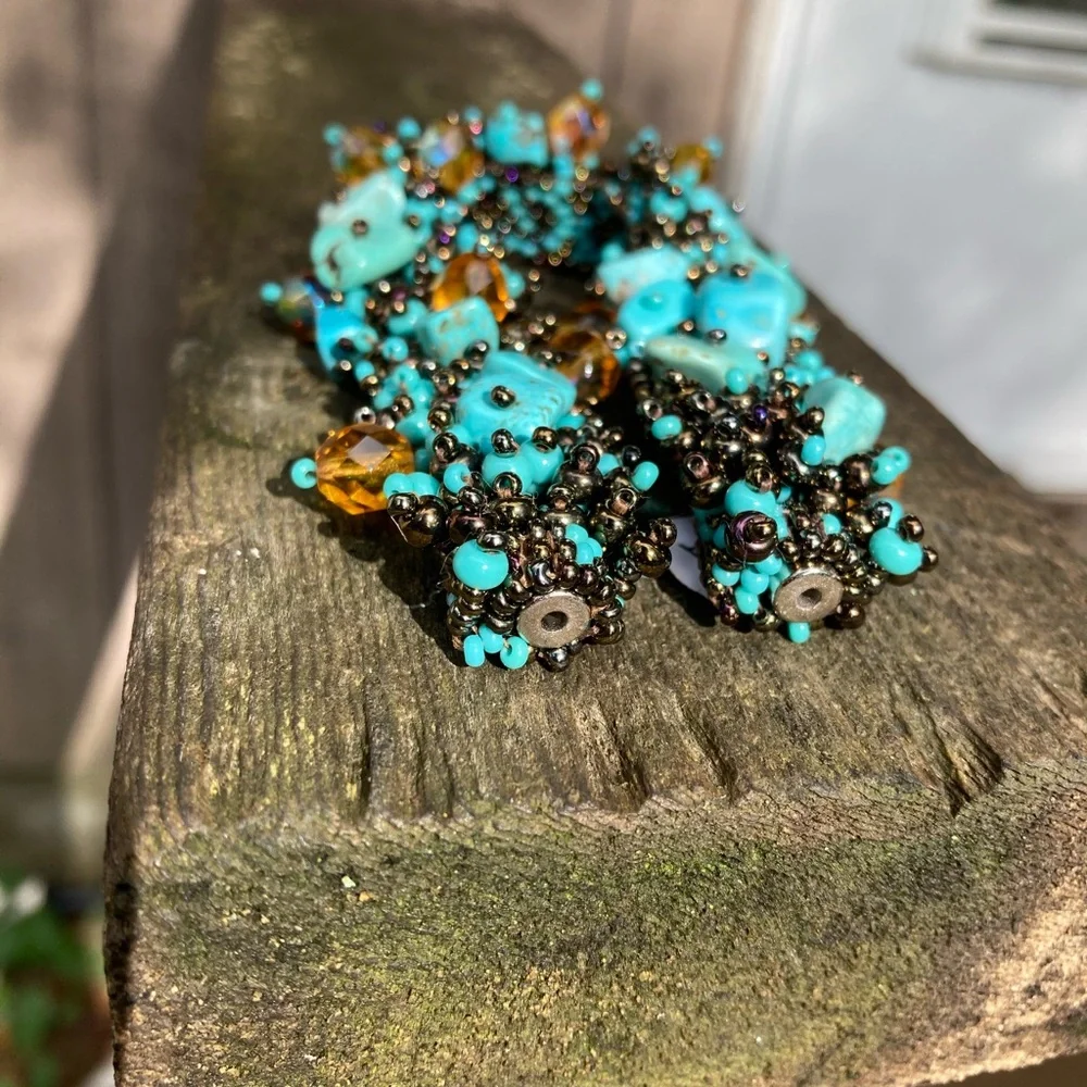 BRACELET 8” ARTISAN MADE Turquoise Blue Bronze Gold Beaded Magnetic Close